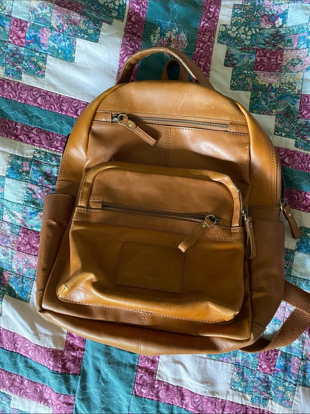 Rawlings Tan Leather Backpack with Front Zip Pocket